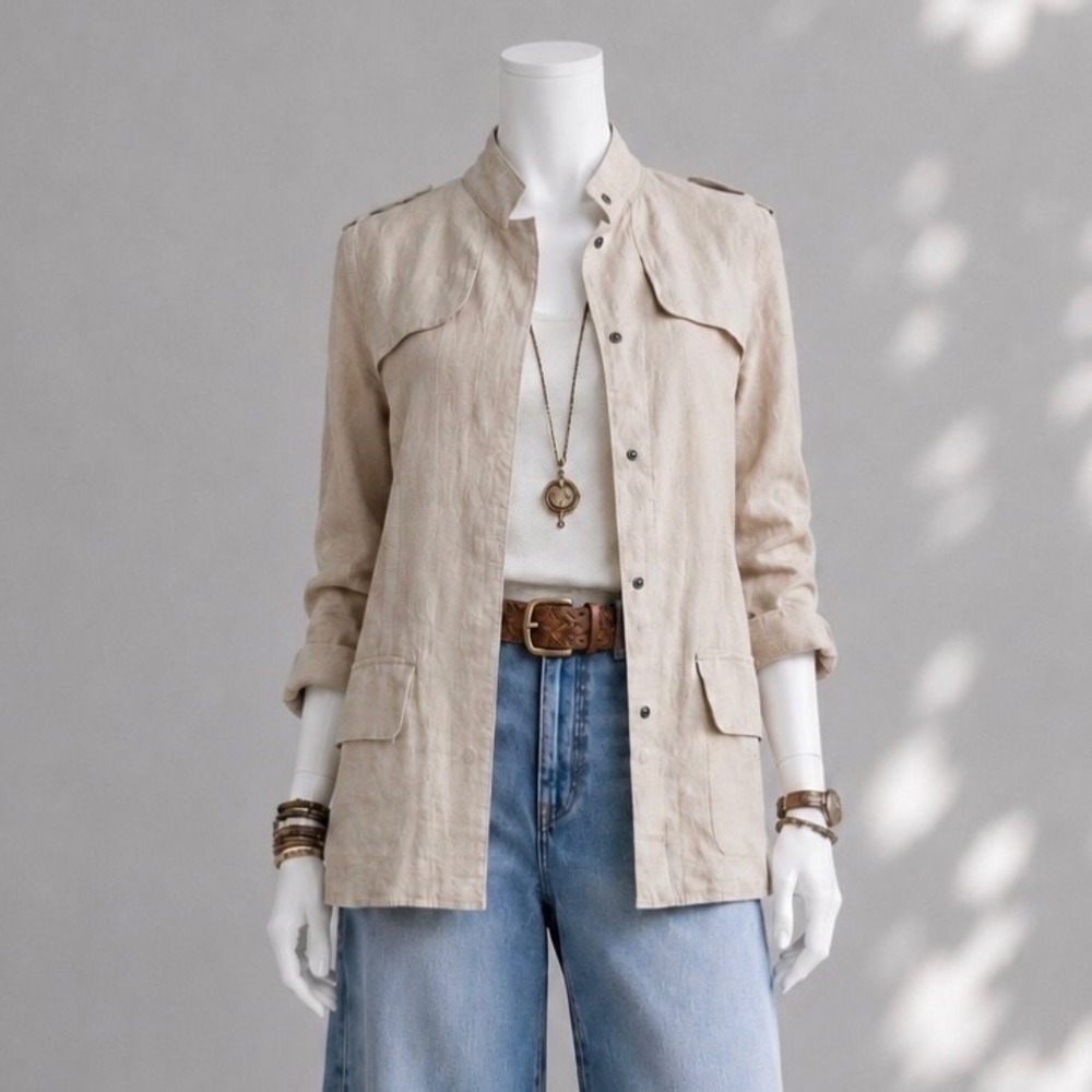 Brochu Walker Linen Shirt Jacket M Beige Field Utility Safari Lightweight Top